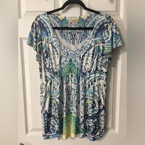 One World Live Let Live Womens Top Blue White Floral Printed Blouse Size Large